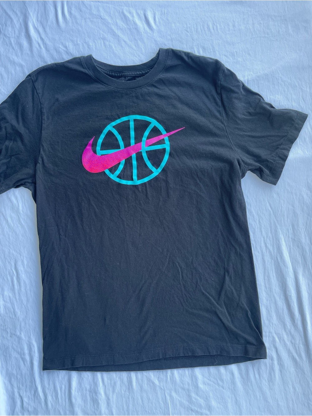 Nike Basketball Swoosh Graphic Tee Black Pink Glitter Teal Women Medium